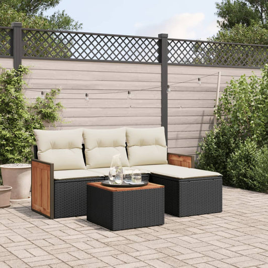 HKH 5 Pcs Conjunto Sofás de Jardim com Almofadões Vime Pe - Preto
