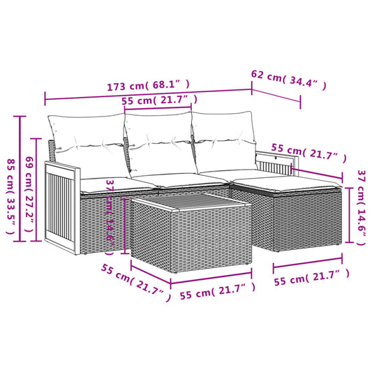 HKH 5 Pcs Conjunto Sofás de Jardim C/ Almofadões Vime Pe - Cinzento