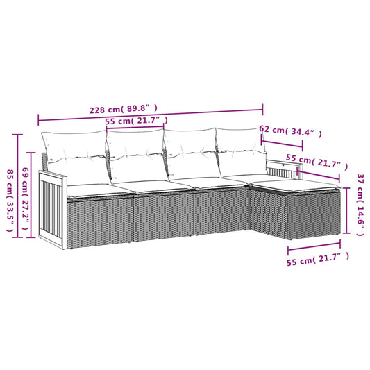 HKH 5 Pcs Conjunto Sofás de Jardim com Almofadões Vime Pe - Preto
