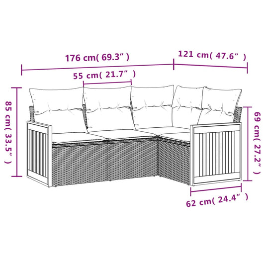 HKH 4 Pcs Conjunto de Sofás para Jardim C/ Almofadões Vime Pe - Preto