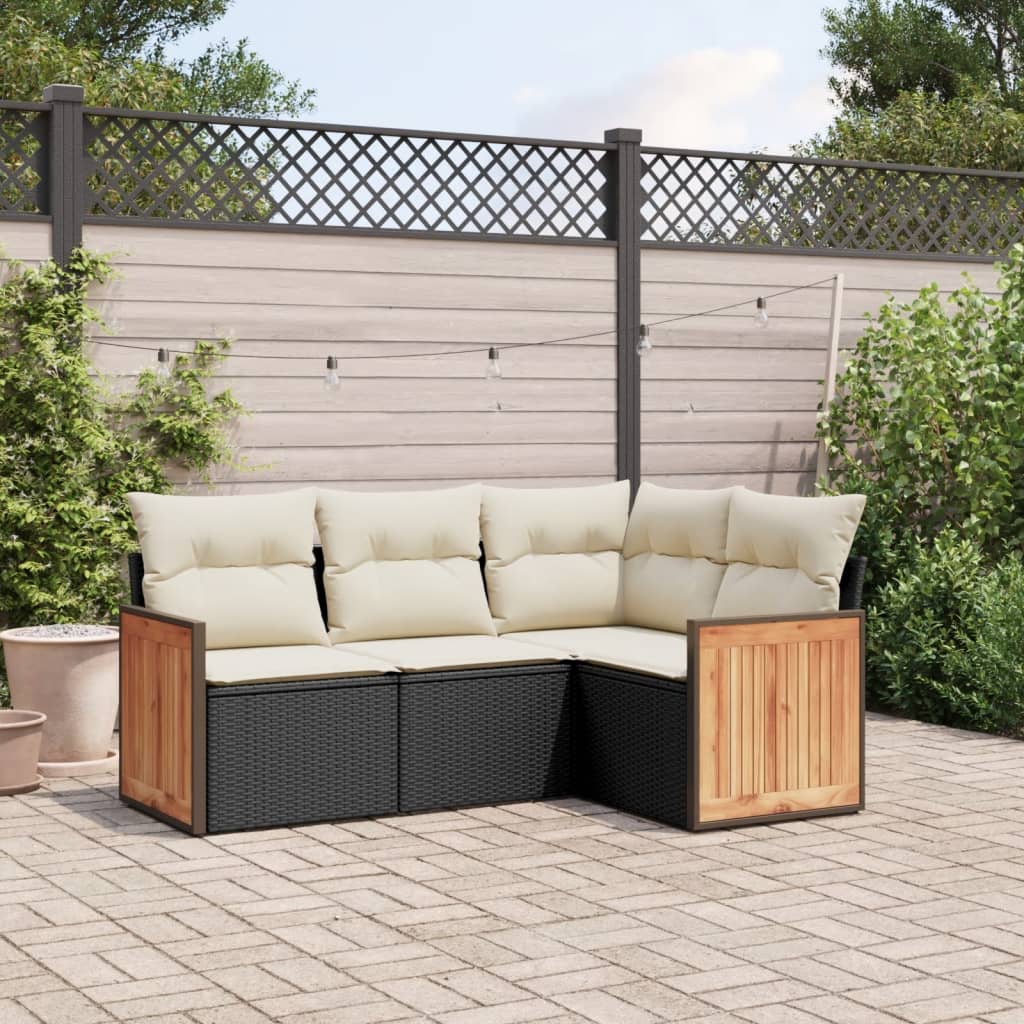 HKH 4 Pcs Conjunto de Sofás para Jardim C/ Almofadões Vime Pe - Preto