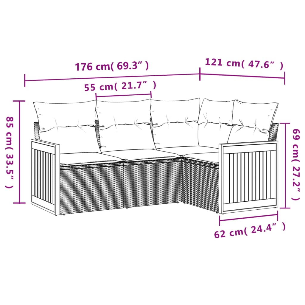HKH 4 Pcs Conjunto Sofás de Jardim C/ Almofadões Vime Pe - Cinzento