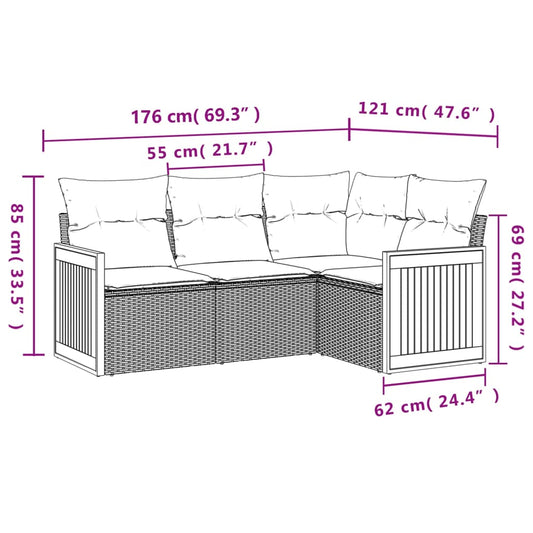 HKH 4 Pcs Conjunto Sofás de Jardim C/ Almofadões Vime Pe - Cinzento