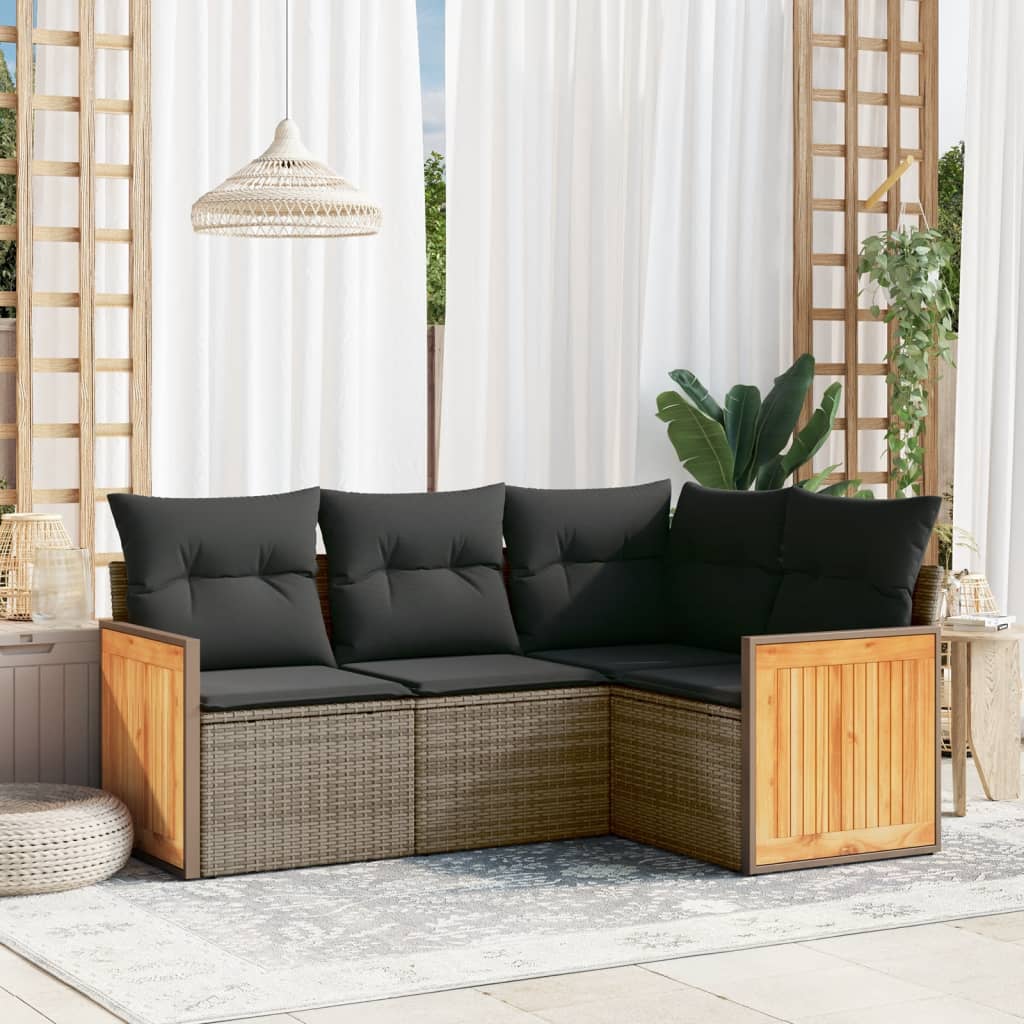 HKH 4 Pcs Conjunto Sofás de Jardim C/ Almofadões Vime Pe - Cinzento