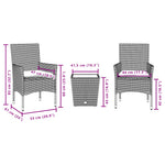 HKH 3 Pcs Conjunto de Bistrô com Almofadões Vime Pe/vidro Cinza - Cinzento