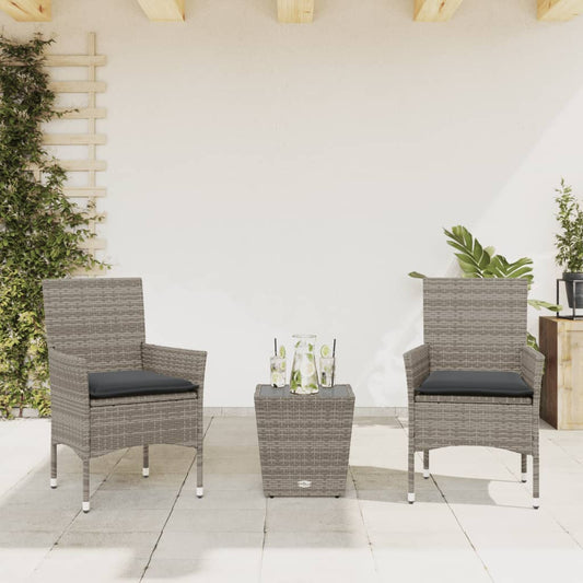 HKH 3 Pcs Conjunto de Bistrô com Almofadões Vime Pe/vidro Cinza - Cinzento