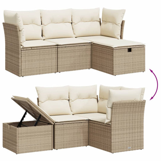 HKH 4 Pcs Conjunto de Sofás para Jardim C/ Almofadões Vime Pe - Bege