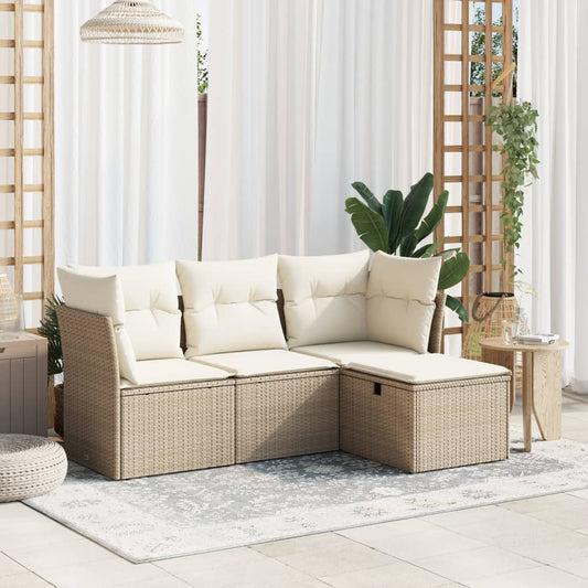 HKH 4 Pcs Conjunto de Sofás para Jardim C/ Almofadões Vime Pe - Bege