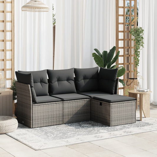 HKH 4 Pcs Conjunto Sofás de Jardim C/ Almofadões Vime Pe - Cinzento