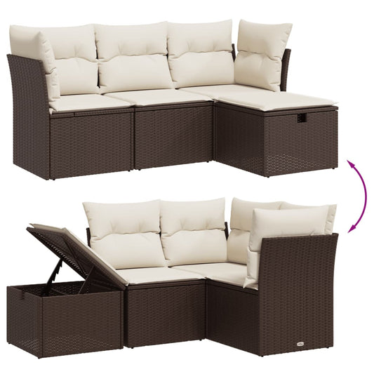 HKH 4 Pcs Conjunto Sofás de Jardim C/ Almofadões Vime Pe Castanho - Marrom