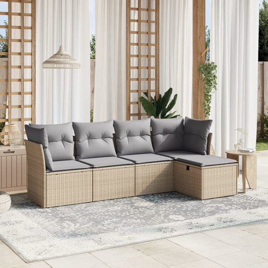 HKH 5 Pcs Conj. Sofás Jardim C/ Almofadões Vime Pe Misturado - Bege