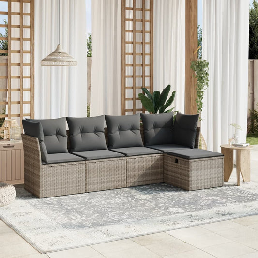 HKH 5 Pcs Conj. Sofás Jardim C/ Almofadões Vime Pe -claro - Cinzento