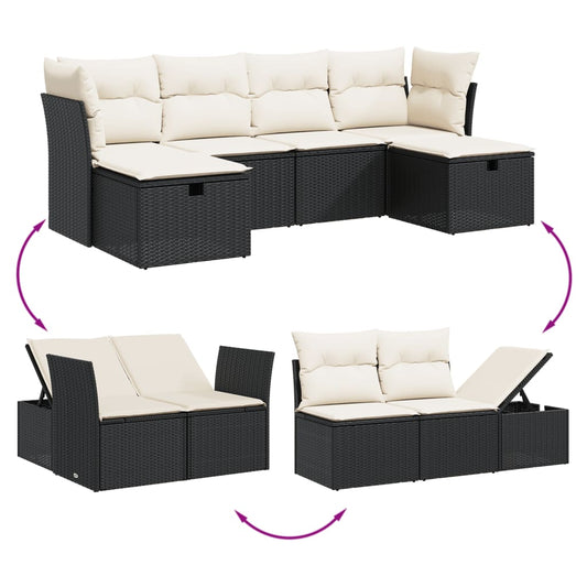 HKH 6 Pcs Conjunto Sofás de Jardim C/ Almofadões Vime Pe - Preto