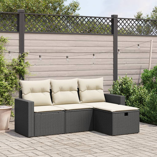 HKH 4 Pcs Conjunto de Sofás para Jardim C/ Almofadões Vime Pe - Preto