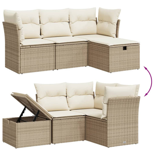 HKH 4 Pcs Conjunto de Sofás para Jardim C/ Almofadões Vime Pe - Bege