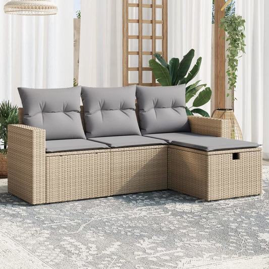 HKH 4 Pcs Conj. Sofás Jardim C/ Almofadões Vime Pe Misturado - Bege