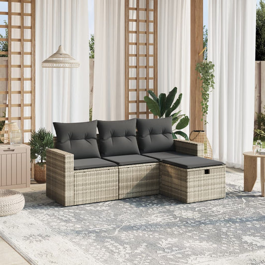 HKH 4 Pcs Conj. Sofás Jardim C/ Almofadões Vime Pe -claro - Cinzento