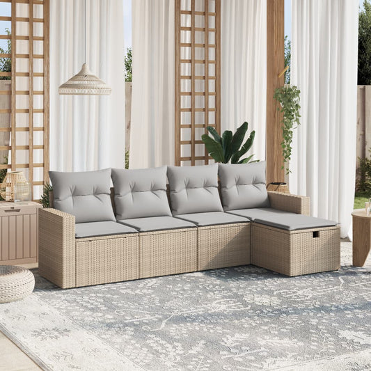 HKH 5 Pcs Conj. Sofás Jardim C/ Almofadões Vime Pe Misturado - Bege