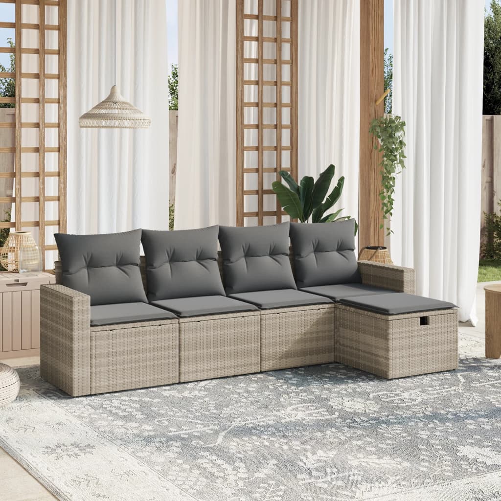 HKH 5 Pcs Conj. Sofás Jardim C/ Almofadões Vime Pe -claro - Cinzento