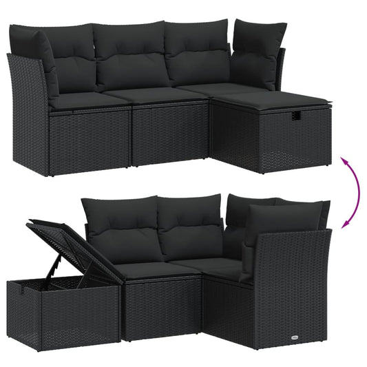 HKH 4 Pcs Conjunto de Sofás para Jardim C/ Almofadões Vime Pe - Preto