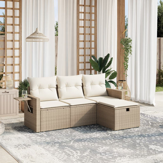 HKH 4 Pcs Conjunto de Sofás para Jardim C/ Almofadões Vime Pe - Bege