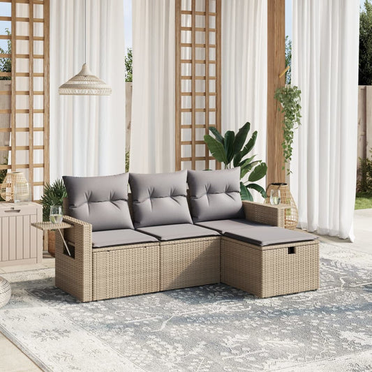 HKH 4 Pcs Conj. Sofás Jardim C/ Almofadões Vime Pe Misturado - Bege