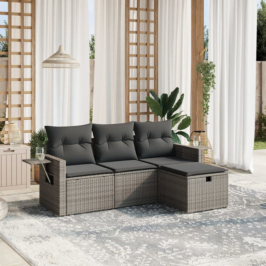 HKH 4 Pcs Conjunto Sofás de Jardim C/ Almofadões Vime Pe - Cinzento