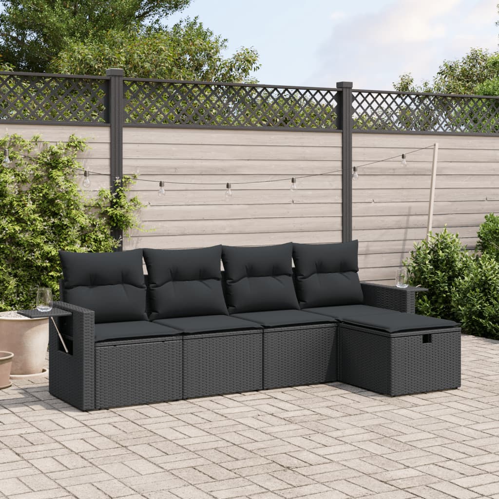 HKH 5 Pcs Conjunto Sofás de Jardim com Almofadões Vime Pe - Preto