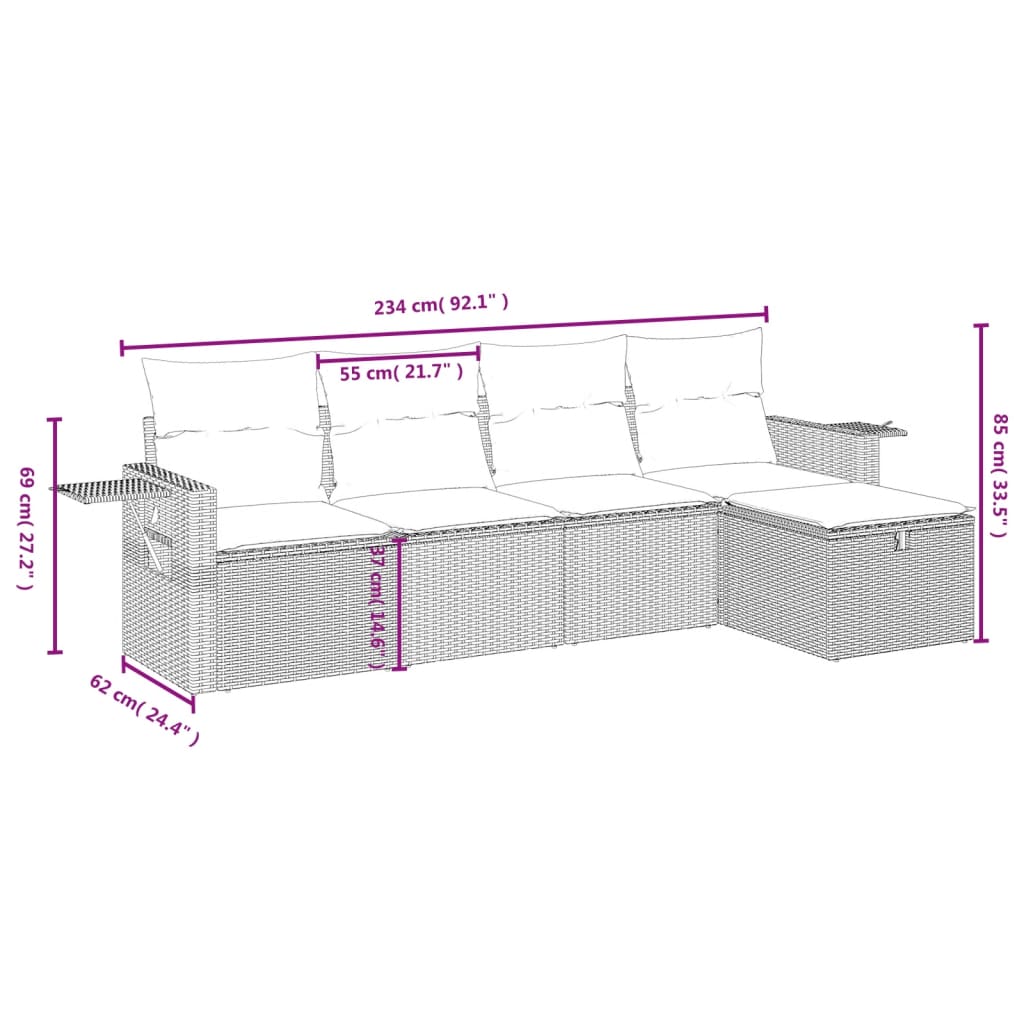 HKH 5 Pcs Conjunto Sofás de Jardim com Almofadões Vime Pe - Preto