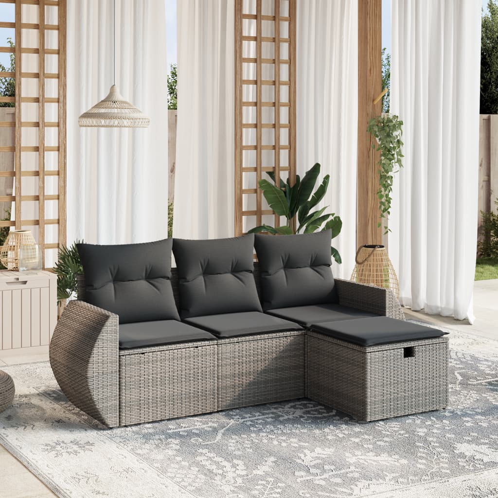 HKH 4 Pcs Conjunto Sofás de Jardim C/ Almofadões Vime Pe - Cinzento