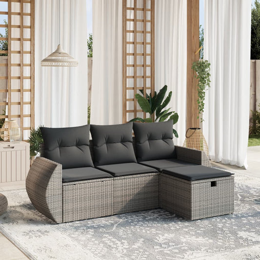 HKH 4 Pcs Conjunto Sofás de Jardim C/ Almofadões Vime Pe - Cinzento