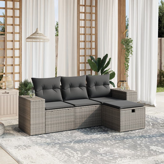 HKH 4 Pcs Conjunto Sofás de Jardim C/ Almofadões Vime Pe - Cinzento