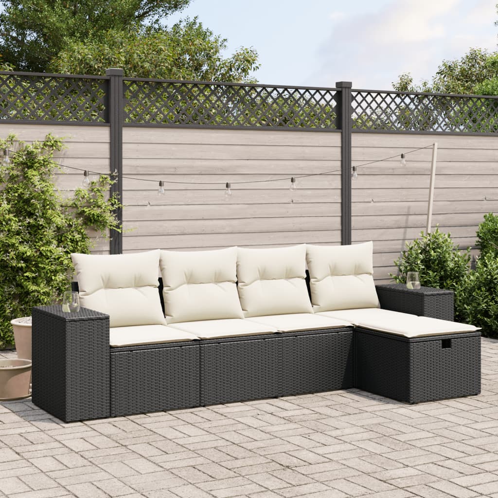 HKH 5 Pcs Conjunto Sofás de Jardim com Almofadões Vime Pe - Preto