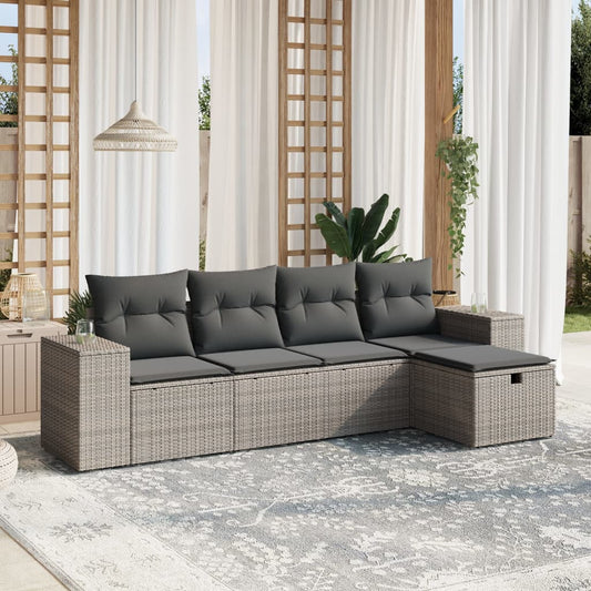HKH 5 Pcs Conjunto Sofás de Jardim C/ Almofadões Vime Pe - Cinzento