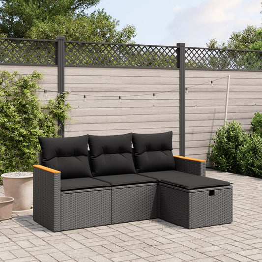 HKH 4 Pcs Conjunto de Sofás para Jardim C/ Almofadões Vime Pe - Preto