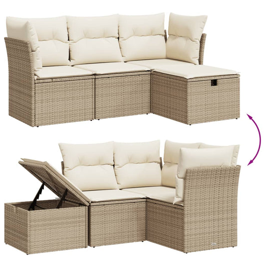 HKH 4 Pcs Conjunto de Sofás para Jardim C/ Almofadões Vime Pe - Bege
