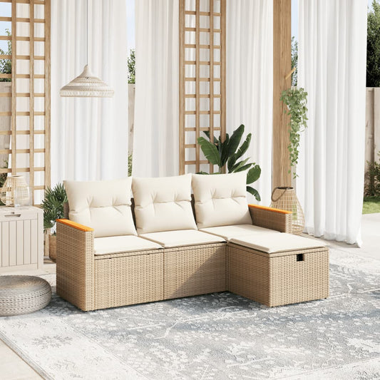 HKH 4 Pcs Conjunto de Sofás para Jardim C/ Almofadões Vime Pe - Bege