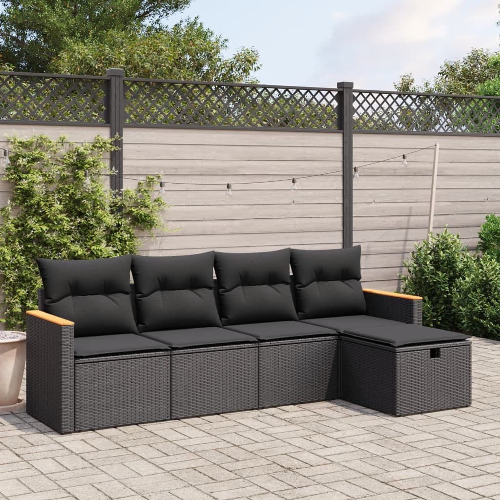 HKH 5 Pcs Conjunto Sofás de Jardim com Almofadões Vime Pe - Preto