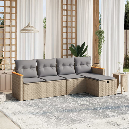 HKH 5 Pcs Conj. Sofás Jardim C/ Almofadões Vime Pe Misturado - Bege