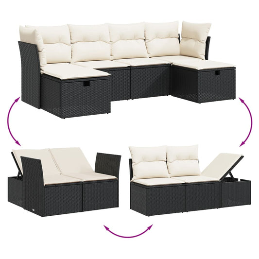 HKH 6 Pcs Conjunto Sofás de Jardim C/ Almofadões Vime Pe - Preto
