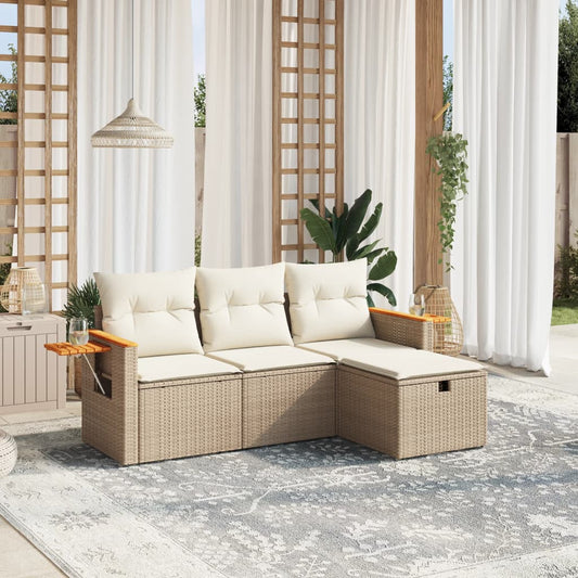 HKH 4 Pcs Conjunto de Sofás para Jardim C/ Almofadões Vime Pe - Bege