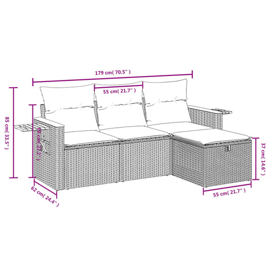 HKH 4 Pcs Conjunto Sofás de Jardim C/ Almofadões Vime Pe - Cinzento
