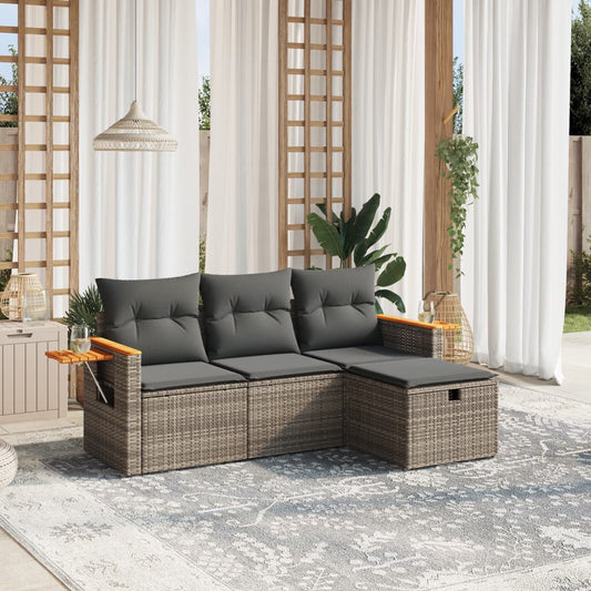 HKH 4 Pcs Conjunto Sofás de Jardim C/ Almofadões Vime Pe - Cinzento