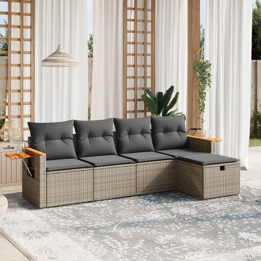 HKH 5 Pcs Conjunto Sofás de Jardim C/ Almofadões Vime Pe - Cinzento