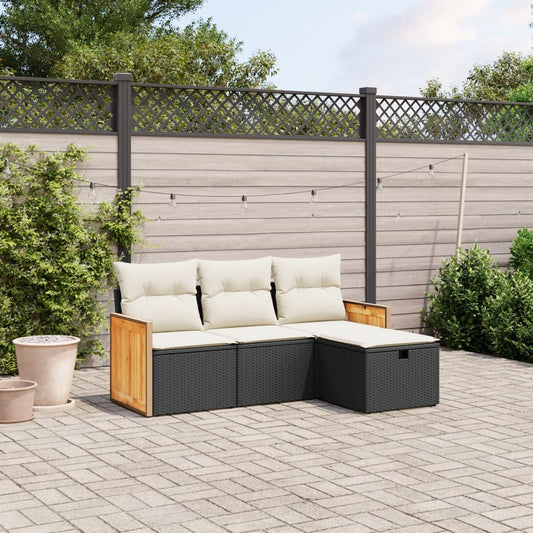 HKH 4 Pcs Conjunto de Sofás para Jardim C/ Almofadões Vime Pe - Preto