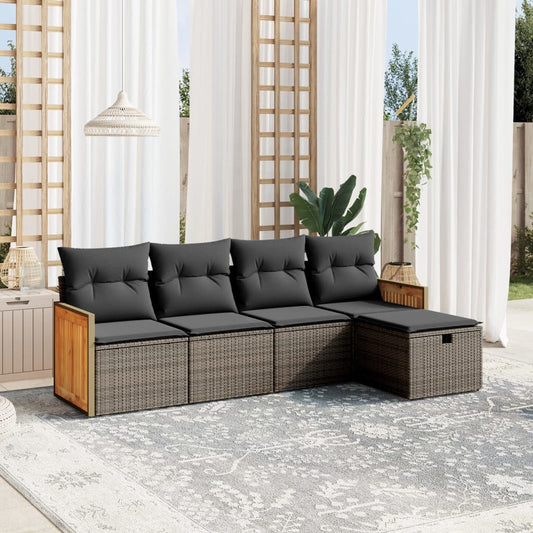 HKH 5 Pcs Conjunto Sofás de Jardim C/ Almofadões Vime Pe - Cinzento
