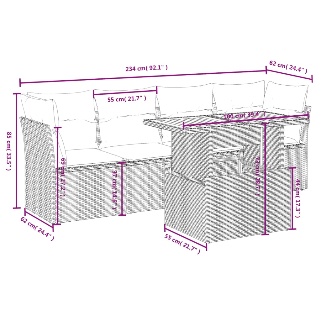 HKH 5 Pcs Conjunto Sofás de Jardim com Almofadões Vime Pe - Preto