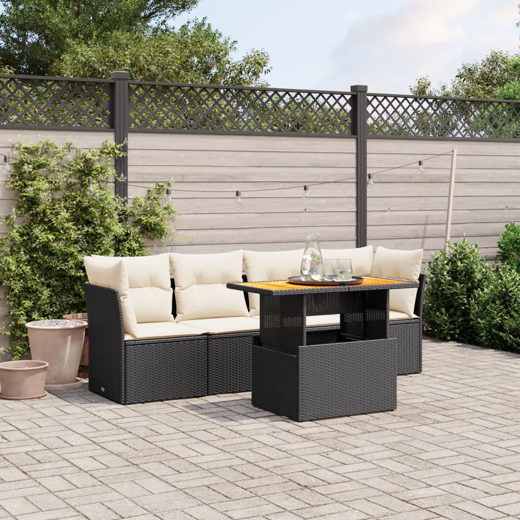 HKH 5 Pcs Conjunto Sofás de Jardim com Almofadões Vime Pe - Preto