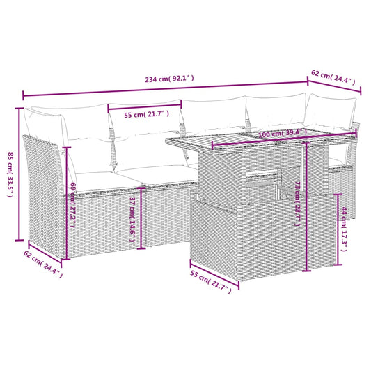 HKH 5 Pcs Conjunto Sofás de Jardim C/ Almofadões Vime Pe - Cinzento