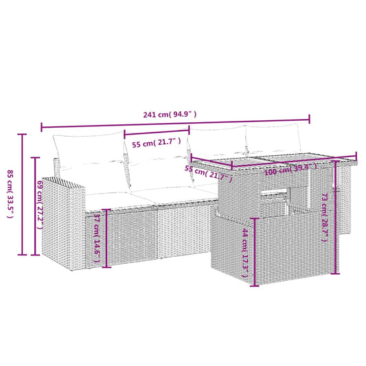 HKH 5 Pcs Conjunto Sofás de Jardim C/ Almofadões Vime Pe - Cinzento